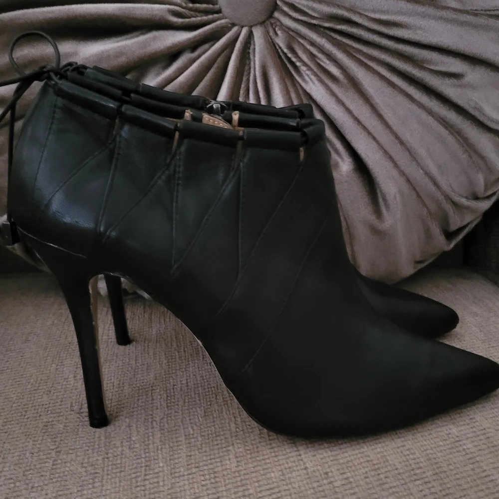 BADGLEY MISCHKA PRIZE LACED DETAIL GENUINE LEATHER ANKLE BOOTS
